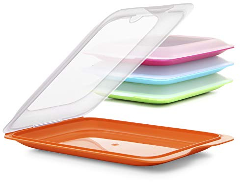 PracticDomus Set mit 4 Frischhaltebehältern für Lebensmittel, optimale Aufbewahrung von Aufschnitt im Kühlschrank, Maße 17 x 3,2 x 25,2 cm (4 x Basisfarbe)