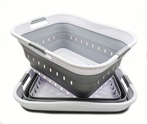 SAMMART 42L 2er-Set zusammenklappbarer Kunststoff-Wäschekorb-faltbarer Pop-Up-Aufbewahrungsbehälter/Organizer-tragbare Waschwanne-platzsparender Korb/Korb (2, Weiß/Grau)