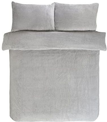 Sleepdown Set di biancheria da letto con copripiumino e federe, in pile color argento, caldo e accogliente, reversibile, per letto singolo (135 x 200 cm)
