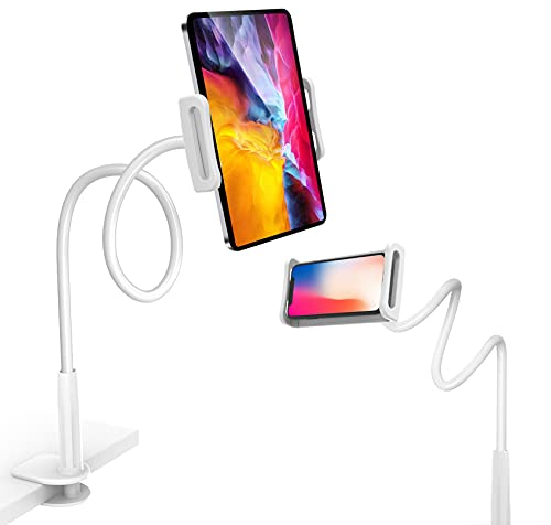 GRSTREE Tablethalterungen für Bett, Flexible Arm verstellbare HandyHalter, 31.5”(80cm) Long Arm Clamp Bracket Mount Stand für 4.7~10.5 iPhone/iPad Air/Pro/Mini/Tablet,Weiß