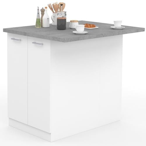 IDMarket - Mittelinsel IVO 100 cm weiß mit Arbeitsplatte in Betonoptik