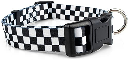 Checkered Pattern Dog Collar in Black & White - Adjustable Dog Collar for Boy and Girl Dogs with Quick Release Buckle by Limeloot, Large