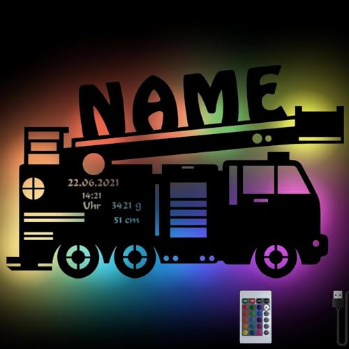 Namofactur personalisierte Feuerwehrauto-Wandlampe mit RGB | Mit Wunschname, USB und Fernbedienung – optionales Netzteil und Farbauswahl fürs Kinderzimmer