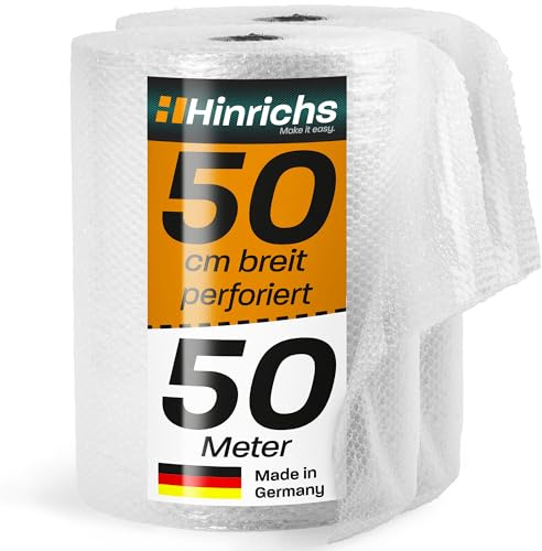 Hinrichs Luftpolsterfolie Rolle 2x 50m x 50 cm perforiert - Ideal für Versand, Verpackung und Umzug - 100% recyclingfähig - Bubble Wrap als Verpackungsmaterial - Noppenfolie - Polstermaterial
