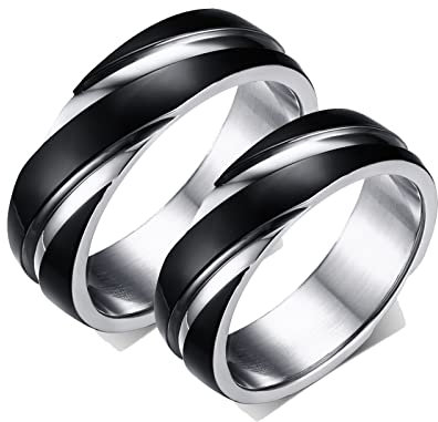 Bishilin Edelstahl Ringe Partnerringe, Schwarz Silber Ringe 6MM Damen Gr.52 (16.6) + Herren Gr.70 (22.3) Verlobungsringe Paar Trauringe Nickelfrei