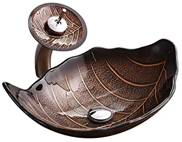 Ksunun Lavabo da Appoggio Lavabo in Vetro Temperato Lavabo D'appoggio Artistico Moderno Lavabo da Bagno Design a Forma di Foglia con Rubinetto a Cascata in Ottone e Tubo Pop-Up,Marrone