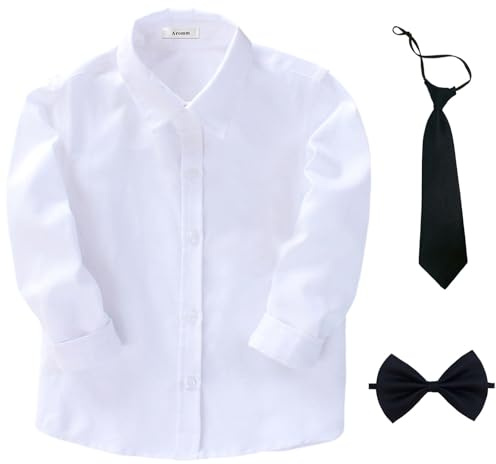 aromm Garçons Manche Longue Chemise Habillée Solide Blanc L'école Uniforme Hauts Vêtements avec Cravate et Nœud Papillon, 140
