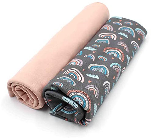 VmG-Store Jerseystoff Set farblich abgestimmt Design + Uni je 0,5mx1,5m 95% Baumwollstoff 5% Elasthan Tex Standard 100 (Regenbogen Pastell Grau + Hell Mauve Set13)