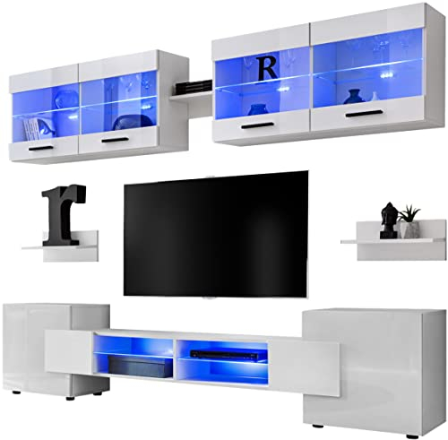 ExtremeFurniture Vision Ensemble Meuble TV Mural de Salon | 2 vitrines suspendues, 3 étagères murales et 1 Meuble TV | LED | Pratique de Rangement Façad en Blanc Brillant