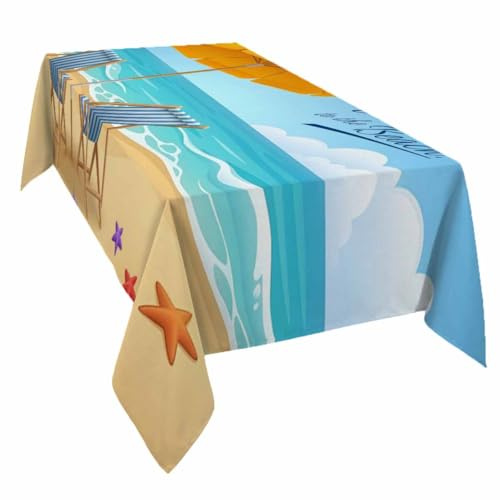TocaHome Table Cloth Linen Waterproof Table Cover Anti-Wrinkle Tablecloth Summer Bbeach Umbrella Deckchairs Ocean Pattern Tabletop Covers for Dinning Restaurant Cafe 54x108 Inch