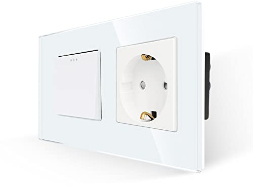 JIMEIDA 1-Fach Lichtschalter mit Schuko Steckdose Unterputz, 10A 250V | 1-Fach, 1-Weg, Schuko Steckdose, 10A, 250V, Glas Panel, Kristall Kippschalter, Nachtleuchten, Unterputz, 157x86mm, Weiß