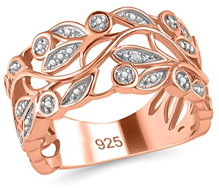 SHOP LC leaf design ring for women in 925 sterling silver, rose gold-plated with a small diamond – ideal gift for engagement, anniversary or special occasions