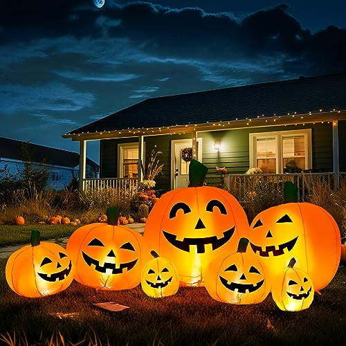 Solpex Halloween Deko, Halloween Inflatable Pumpkin Decoration, 240cm/8FT, 7 Pumpkin Set with 21 LED Lighting for Party, Garden, Lawn, Yard Decoration (Orange & White)