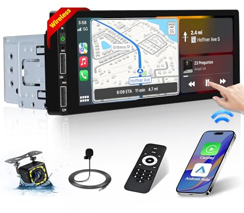 Hikity Autoradio 1 Din CarPlay Wireless Android Auto Senza Fili, Stereo Auto Bluetooth con 6,9 Pollici Schermo Radio Auto con FM 2USB Retrocamera Mirror Link