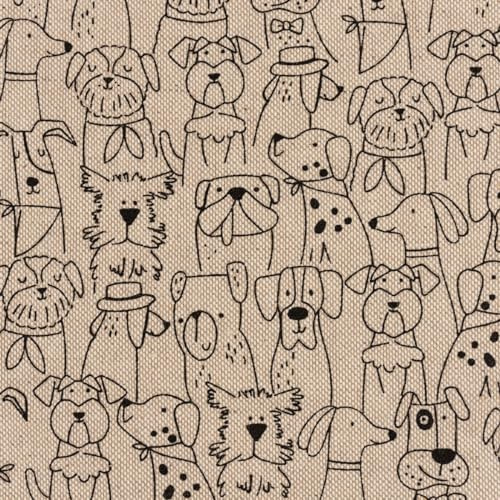 SCHÖNER LEBEN. Dekostoff Leinenlook Dog Cartoon Line Hunde Natur schwarz 1,40m Breit