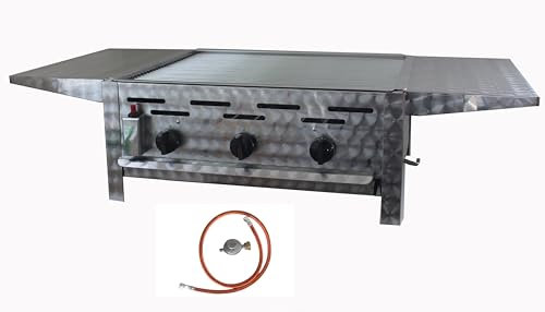 BSR-Grillen 3-flammiger Profi Gasgrill aus Edelstahl, stufenlos regelbar, Gasbräter, Gastrogrill, Gastrobräter, Gasschlauch und Druckminderer (10,8 kW | verchromter Grillrost | Seitenablagen)