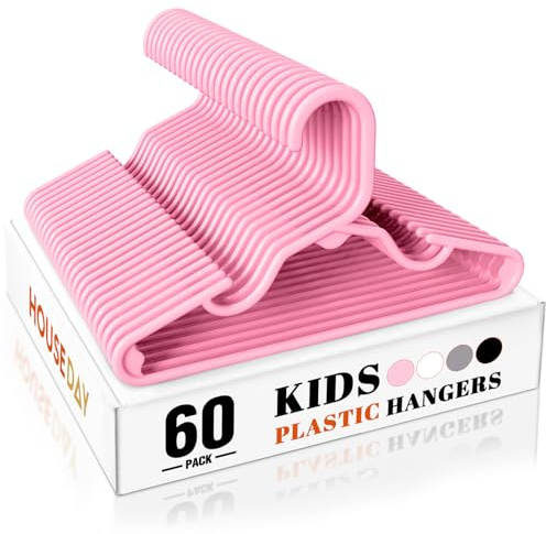 HOUSE DAY Premium Baby Hangers 60 Pack, 11 Inch Kids Plastic Hanger Pink, Slim Childrens Hangers for Infant, Toddler, and Child Clothes, Durable Baby Clothes Hanger for Closet