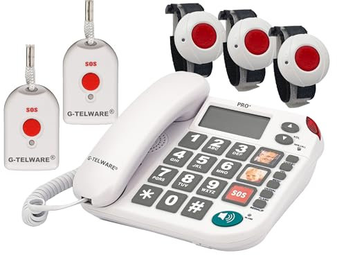 G-TELWARE PRO (Weltneuheit) Silence SOS Technik/SOSParam.einstellb./2023-2024er Modell Haus Notruf Seniorentelefon mit FunkSOS-Sender - 3 Armbandsender + 2 Handsender mit Schlaufe, Satingrau, PRO+