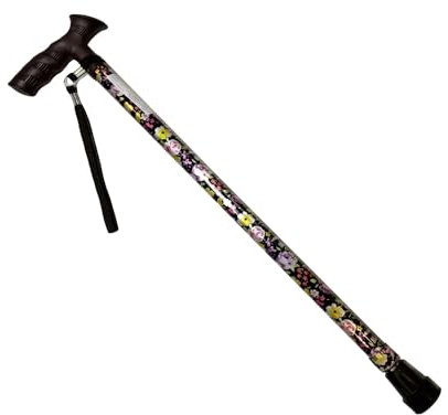 Cymam – Bastón Extensible para Mayores Ajustable en Altura de Aluminio – Empuñadura Anatómica Ambidiestra con Cinta de Sujeción – Flores Negra