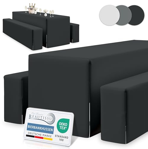 Beautissu Edles 3tlg Biertischhussen Set Blickdicht 50cm oder 70cm Bierzeltgarnitur – Dicker Stoff Knitterfrei Bierbankauflagen Bodenlang – Biertischhusse Bierbankhusse Biertisch – 220x70cm Schwarz