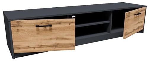 MATKAM Fernsehkommode 2DC H 36 x B 160 x T 41 cm, TV Lowboard, TV Unterteil, Fernsehtisch, Zwei Ablagen mit Türen Links und rechts, in der Mitte EIN Regalfach (Anthrazit Grau-Wotan Eiche)