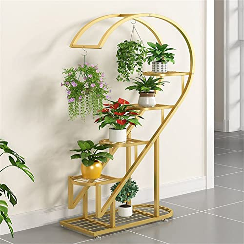 MJMLUCK Moderner Blumenständer aus Metall, Mehrzweck-Pflanzenständer, 5-stufiger hoher Pflanzenständer, großer gebogener Bonsai-Ausstellungsständer für den Hausterrassen-Rasengarten-Balkon, Gold