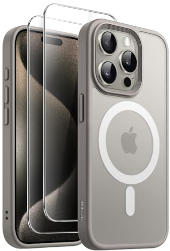 JETech 3-in-1 Matte Magnetische Hülle für iPhone 15 Pro, Titan Natur | Kompatibel mit MagSafe, 2 Gehärtete Glas Schutzfolien, Matte Transluzent Rückseite, Stoßschutz