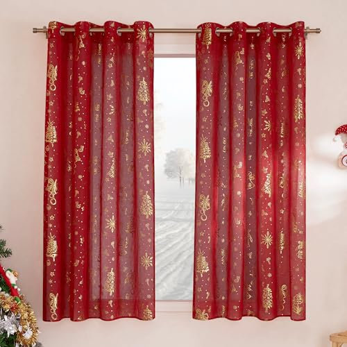 PONY DANCE Tende Rosse Natalizie 2 Pezzi 140x160 CM Tende Corte con Effetto Lino per Cucina Voile Curtains Trasparenti con Anelli per Camera da Letto Decorazione