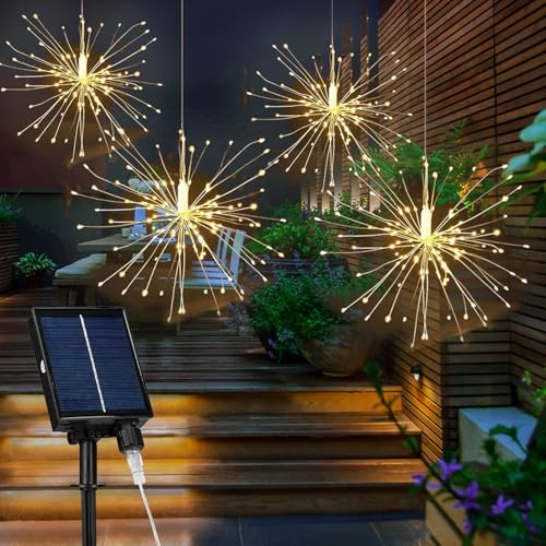 DINOWIN Solar Pusteblume Garten Lichter 4 Stück 120 LED Feuerwerk Lichterkette mit Fernbedienung 8 Modes Wasserdichte Kupferdraht Lichter für Garten Baum Deko (Warmweiß)