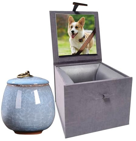 Urna de cerámica para cenizas para mascotas, urna para perro, gato, urna hecha a mano, regalo conmemorativo, soporte para cenizas con caja de exhibición de fotos, color azul claro