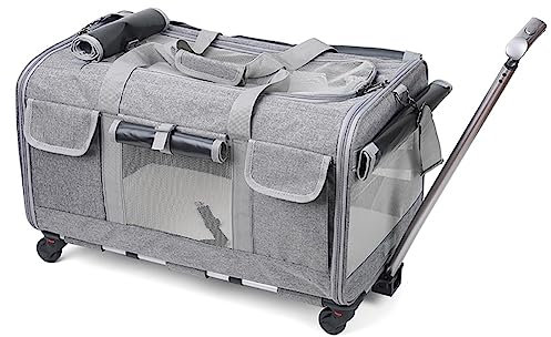 XZHWSZD Faltbarer Haustier-Rucksack für Katzen und Hunde,mit Teleskopgriff,Abnehmbarer Reisetasche für Haustiere,Trolley für kleine und mittelgroße Katzen und Hunde,die Räder sind abnehmbar,Hellgrau