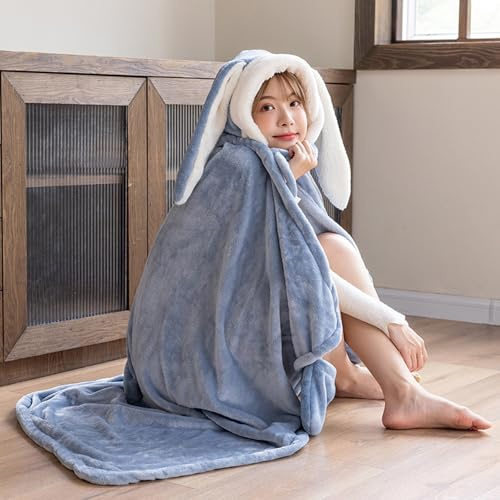 WJUHYGTF Kuscheldecke Mit Kapuze, Tragbare Hasenohr Decke Geschenke Für Damen Sofadecke Flauschig Sherpa Ärmeldecke TV Fleecedecke Weich Wohndecke Winterdecke,Blau