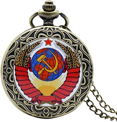 NEIMENG Reloj de Bolsillo de Cuarzo Estilo Hoz y Martillo soviético Retro, Reloj de la URSS, Colgante de Bronce Vintage Unisex, Collar con Cadena Antiguo