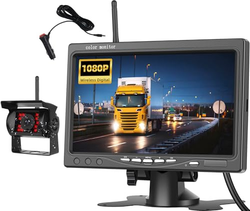 OiLiehu Caméra de Recul sans Fil, IPS Moniteur HD 7, 1080P Grand Angle Caméra de Recul Numérique pour Vision Infrarouge Nocturne, Étanche IP68, Caméra de recul Kit avec Avertissement d'angle Mort