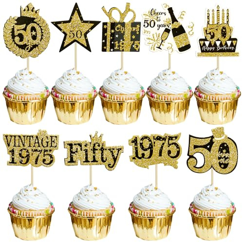 Gyufise 36Pcs Happy 50th Birthday Cupcake Toppers Glitter Black Gold Fifty Hello 50 Vintage 1975 Cupcake Picks Cheers to 50 Years 50 Fabulous Cake Decorations for 50th Birthday Party Supplies