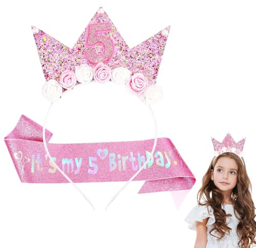 Set di 2 corone di compleanno, corona di compleanno, corona di fiori di rosa, corona per bambina con fiori di rosa artificiali, decorazione per feste, compleanno, carnevale