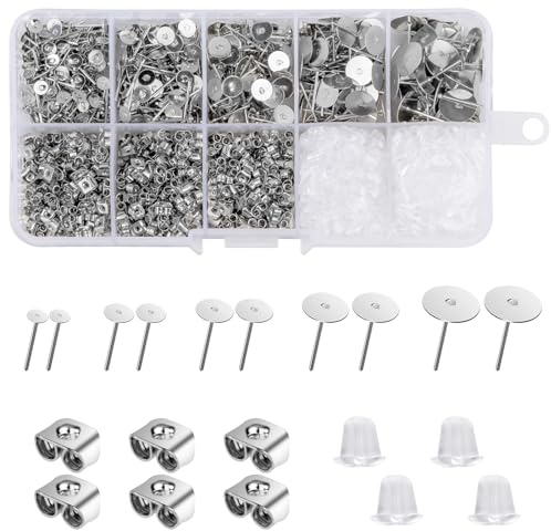 1800 Pezzi Perni e Retro per Orecchini 5 Dimensioni Perni Dell'orecchino in Acciaio Inox,con 600 Chiusure a Ferma Farfalla e 600 Trasparente Gomma Backs Support per Fai Da Te Creazione Gioielli Kit