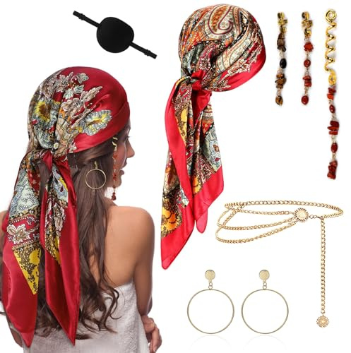 XoeLLe 7-teiliges Piratenkostüm für Damen, Piraten-Bandana, Augen-Patches, Taillenkette, Ohrringe, Piratenzubehör, Piratenzubehör für Halloween, Piratenkostüm, Karneval