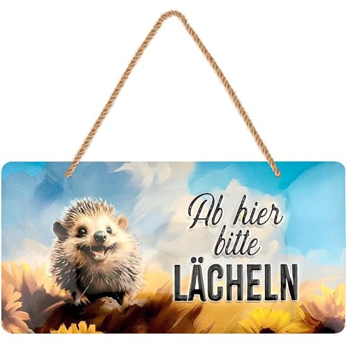 LANOLU Retro Blechschild AB HIER LÄCHELN - Blechschilder Garten mit Sprüchen - nostalgische Dekoration als Gärtner Geschenke - retro Deko vintage Metallschild Garten 16x32cm