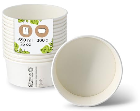 BIOZOYG Bol à salade 300 pièces 650 ml blanc - Bol jetable pour soupe et salade à emporter - Vaisselle jetable Deli Container - Bol à emporter - Récipient à soupe en carton jetable