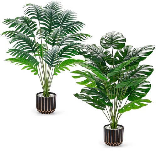 Der Rose 2Pack 28'' Fake Plants Tall Artificial Monstera Faux Palm Tree Plants Indoor for Living Room Home House Decor