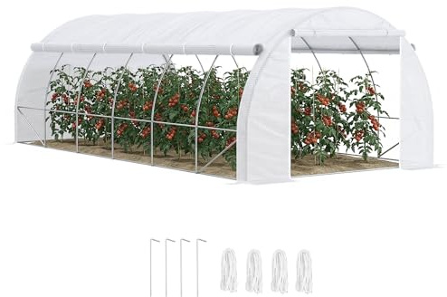 Outsunny Serre de Jardin 18 m² dim. 6L x 3l x 2H m avec Porte + parois latérales zippées enroulables, 12 fenêtres, Acier PE Haute densité 140 g/m² Anti-UV Blanc
