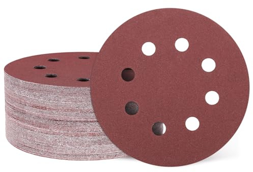 sourcing map 50Pcs 5Inch Sanding Discs 180Grit Red Aluminum Oxide 8 Hole | Hook and Loop Sandpaper Round Sanding Paper for Woodworking Automotive Metal Polishing