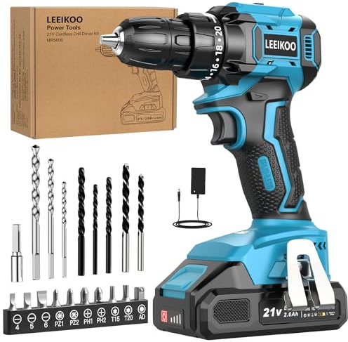 Perceuse Visseuse Sans Fil Brushless, LEEIKOO Visseuse Devisseuse Sans Fil 21V avec Batterie 2.0Ah, 45N.m Max, 20 Réglages de Couple, 20 Accessoires, 2 Vitesses pour Bricolage