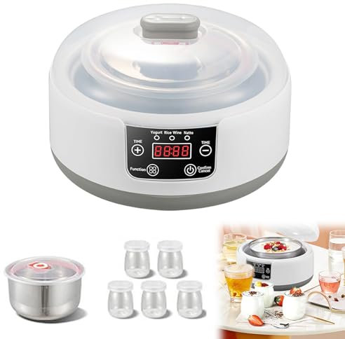 Joghurtbereiter, 1,2 l elektrisch automatisch mit digitaler LED-Anzeige, einstellbarer Timer, 5 Gläser, Edelstahleinsatz für gesunden hausgemachten Joghurt