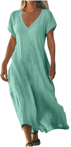 Dresses for Women UK Clearance Womens Summer Maxi Dresses V Neck Solid Color Short Sleeve Linen Long Dress Loose Swing Flowy Boho Vacation Sundress Sale Promotion