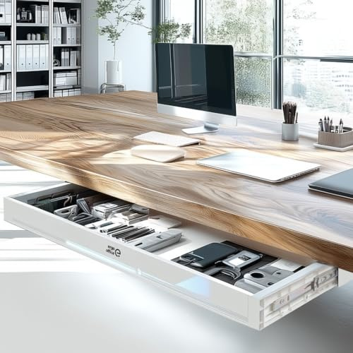 Ergo Office ER-S-302 platt underbordsslåda 758 mm | robust plastlåda med stålstyrning upp till 10 kg | platsbesparande arbetsplatsorganisatör för kontor och hemmakontor (Vit)