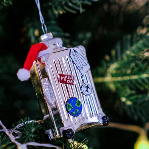 Amanman Suitcase Travel Ornament - Handgefertigtes mundgeblasenes Glas Christbaumschmuck mit Weihnachtsmannmütze | Vintage Memorial Journey Keepsake