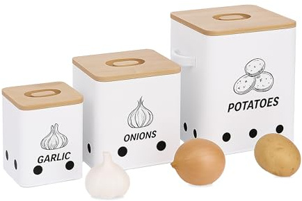 Relaxdays Kartoffel Aufbewahrungsbox, Zwiebeln, Knoblauch, 3er Set, mit Löchern, Metall, Bambusdeckel, eckig, weiß/Natur