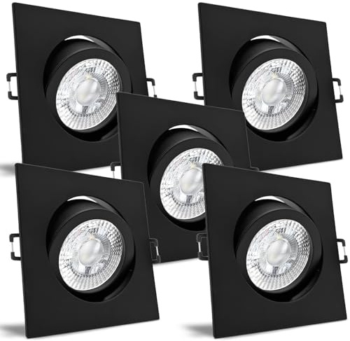 trendlights24 Carree LED Einbaustrahler flach 3 Stufen dimmbar 230V 5er Set | Schwarz, eckig, extra flach, 35mm ET, LED-Spot, 5W, 3 Step dimmbar, Neutralweiß, 4000k, Einbauleuchte, schwenkbar